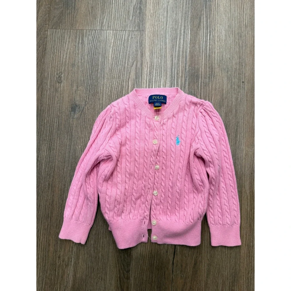 Polo Ralph Lauren Toddler Girls Pink Cable Knit Cardigan Sweater 2T Pony Logo